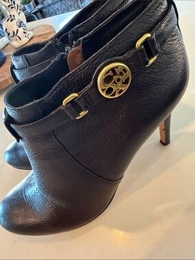 Coach Black Leather Ankle Booties with Gold Logo Accent